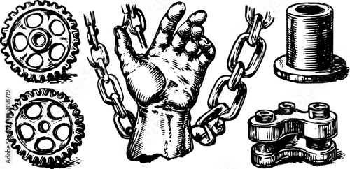 Mechanical gear and hand with chains. Vintage black and white vector illustration depicting industrial tools and elements in a set.