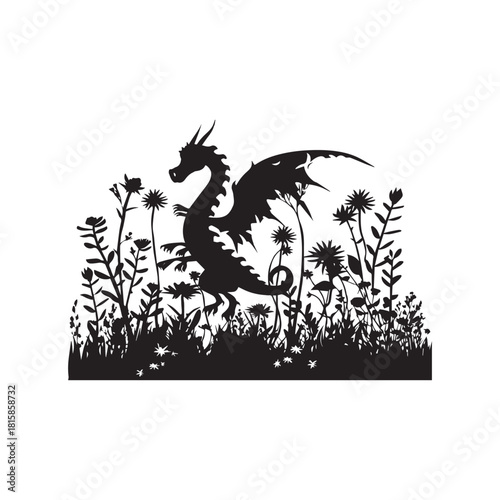 dragon on a black background flower garden