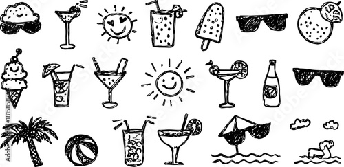 Summer drinks and desserts in a fun vector illustration. Features cocktails, ice cream, and palm trees in a hand-drawn style set against the sun.