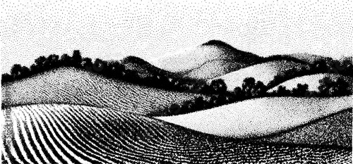 Black and white landscape vector illustration featuring hills and textured patterns. Simple and abstract art showcasing natural scenery.