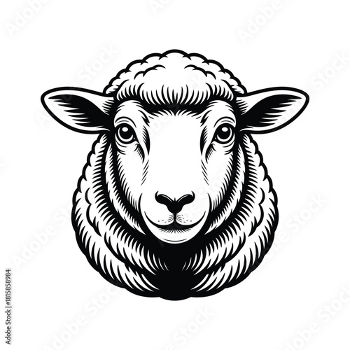 A monochrome illustration of a sheeps head, showcasing its woolly texture and gentle expression, isolated on, perfect for farmthemed designs