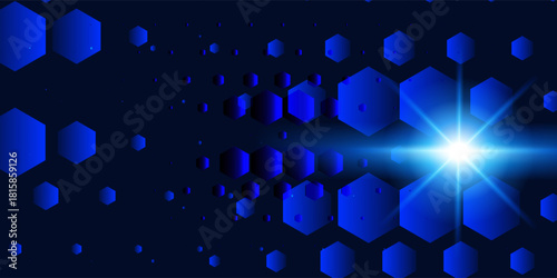 Abstract hexagon pattern on black background. Vector realistic illustration of medical science or communication technology presentation template, neon blue chemical structure, data transfer system