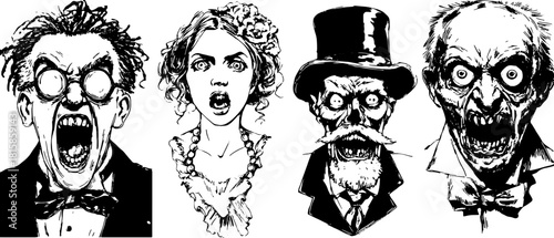 Engravings depict a series of screaming faces in antique silhouettes. Hand-drawn characters create a striking horror vector illustration set.