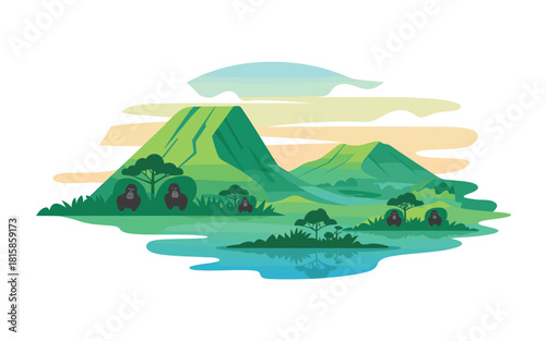 Stylized Landscape with Gorillas in a Green Mountain Range and Reflective Lake: A Wildlife Haven in Minimalist Illustration