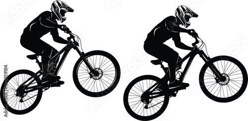 Mountain biker silhouette performing jump or downhill ride, wearing helmet and gear on a full suspension bicycle vector