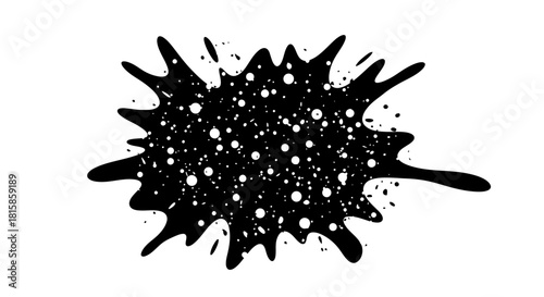 Abstract black ink splat with white dots inside creating a cosmic galaxy effect on a white background.