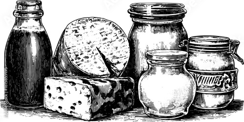 Vintage engraving of cheese and milk containers. Retro black outline illustration in a culinary set showcasing various jars and a bottle, vector art.