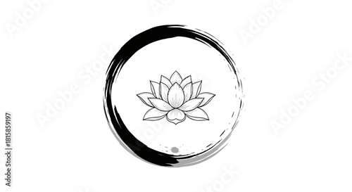 A minimalist black and white illustration of a lotus flower within a Zen circle.