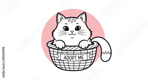 A cute cartoon cat with stripes peeking out of a woven basket with an "ADOPT ME" sign, set against a pink circle background.