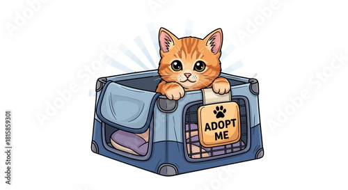 A cute orange tabby kitten peeking out of a blue pet carrier with an "Adopt Me" sign.