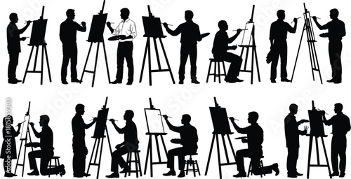 Multiple black silhouettes of male and female artists painting on easels in various standing and seated poses, capturing creativity, fine art, and artistic professions, isolated on white.