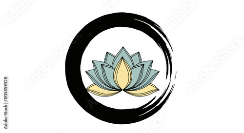Stylized lotus flower with light blue and yellow petals inside an incomplete black Enso circle on a white background.