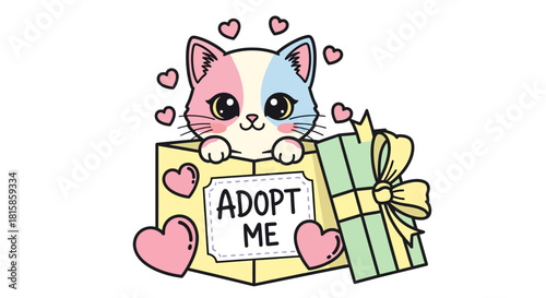 Cute cartoon cat peeking out of a box with a sign that says 'Adopt Me'.