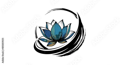 Stylized lotus flower with blue petals and a black brushstroke arc on a white background.