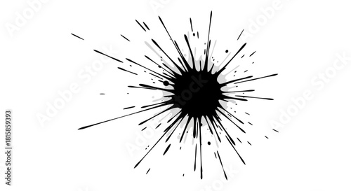 A dynamic black ink splatter with radial lines and droplets on a clean white background, creating an abstract and explosive visual effect.