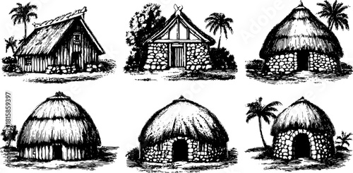 Traditional huts and houses in various styles. Simple illustrations in a vector set showcasing thatched and stone structures.