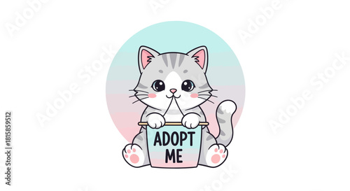 A cute cartoon grey tabby kitten with big eyes holding an 'ADOPT ME' sign, sitting in front of a pastel pink and blue circle.