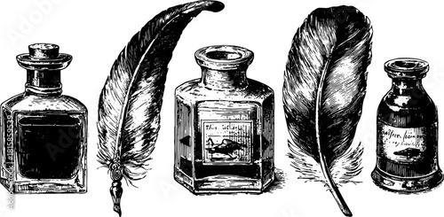 Ink bottles and feathers. Vintage vector illustration set featuring hand-drawn artwork in a classic style, showcasing writing tools.