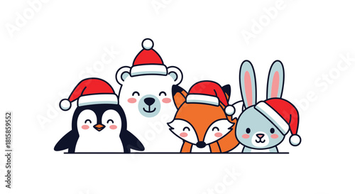 Festive Christmas cheer with adorable penguin, bear, fox, and bunny wearing Santa hats, spreading joy and holiday spirit in vibrant vector art design