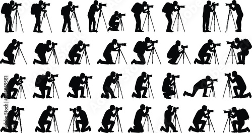 Repeated black silhouettes of a male photographer operating a professional camera mounted on a tripod, demonstrating various shooting poses and techniques, with a backpack, isolated on white.
