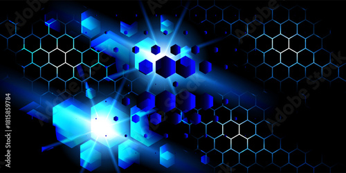 Abstract hexagon pattern on black background. Vector realistic illustration of medical science or communication technology presentation template, neon blue chemical structure, data transfer system