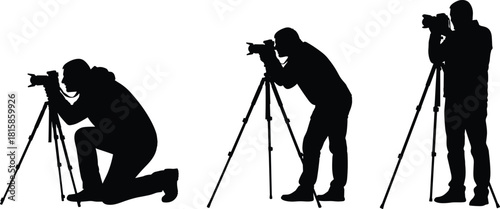 Silhouettes of a male photographer with a digital camera on a tripod, demonstrating various positions