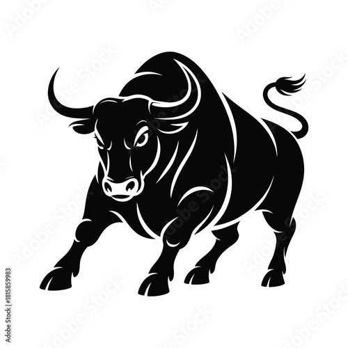 Illustration of a strong black bull with large horns, standing powerfully on a, showcasing its muscular build and determined expression isolated on