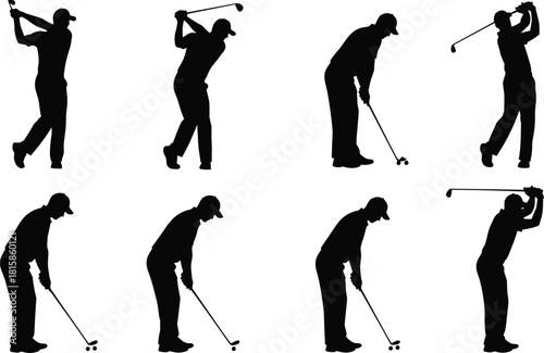 Silhouettes of male golfers demonstrating various swing stages including backswing, impact, and follow-through, capturing the full golf game motion on a white background, sports concept.