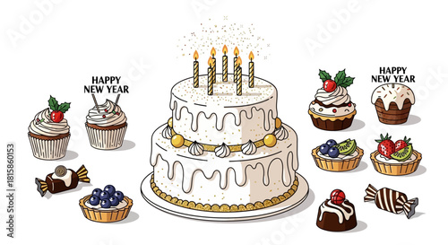 Two-Tiered Birthday Cake with Lit Candles, Drizzled Icing, and Decorative Elements.