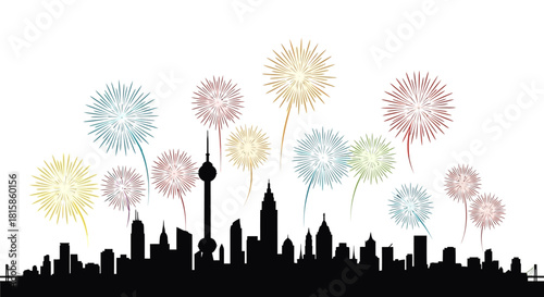 A black silhouette of a city skyline with a prominent TV tower celebrating under a display of colorful, stylized fireworks.