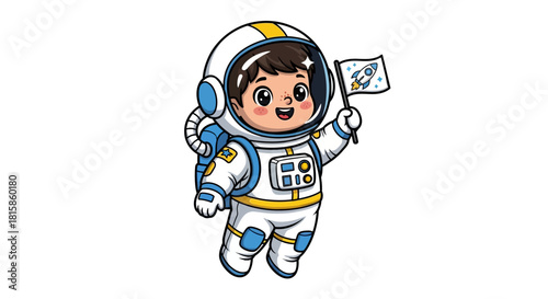 Cartoon Astronaut Boy in White Spacesuit Holding Flag, Smiling with Big Eyes.