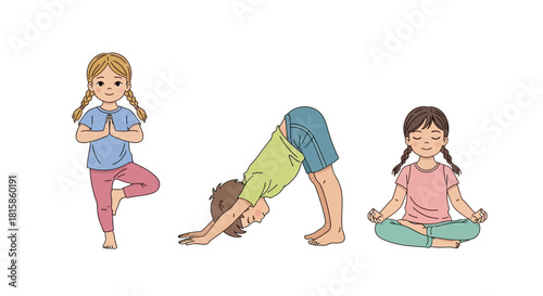 Charming hand-drawn illustration of three children practicing yoga poses - Tree Pose, Downward-Facing Dog, and Lotus Pose meditation.