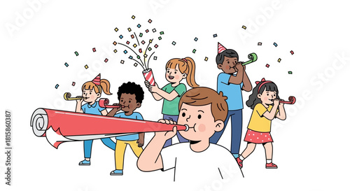 Group of Cheerful Children Celebrating with Party Favors and Confetti.