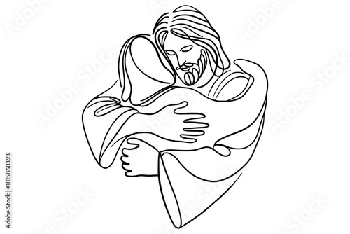 One line art of Jesus embracing a person — minimalist continuous line drawing of Christian love, comfort, faith, hope, and spiritual protection