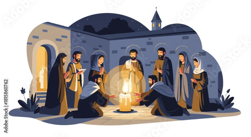 A serene illustration depicting a historical religious gathering, with devout figures illuminated by candlelight in a sacred setting, symbolizing faith and spiritual devotion