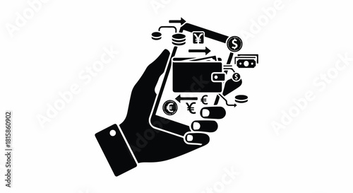 Hand holding wallet with money transfer, mobile payment transactions