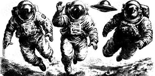 Vintage engraving of astronauts in space. This hand-drawn black outline set features a UFO, ideal for sci-fi vector illustration.