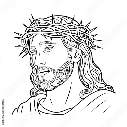 A black and white line drawing depicts jesus christ wearing a crown of thorns, his head slightly tilted, isolated on