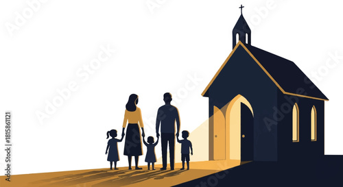 A family of five with parents and children walking towards the inviting light of an open church door, symbolizing faith, community, and togetherness