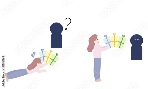無理して人に与える女性と無理のない与え方をする女性の対比イラスト