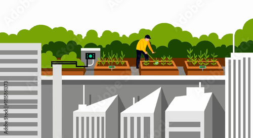 A person tends to a rooftop garden on a building, with greenery and other buildings visible in the background.