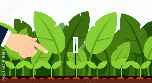 A hand points at a young plant monitored by a smart sensor, illustrating modern agricultural technology.