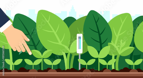 A hand points at young plant sprouts in fertile soil with a moisture meter, symbolizing growth and urban gardening.