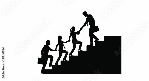 Silhouette illustration of businesspeople helping each other up a staircase with briefcases in a minimalist style against a white background.