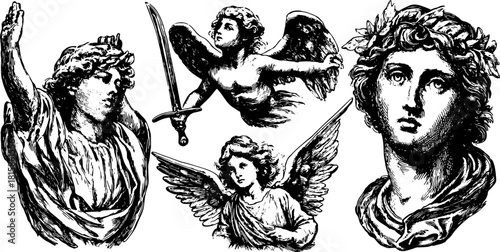 Angelic figures in a vintage style. Detailed classical set showcasing mythology and fine art, featuring ornate drapery and wings in this vector illustration.
