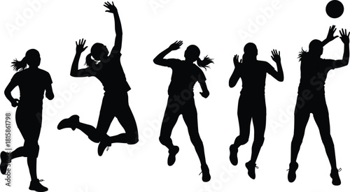 Collection of black silhouette vectors depicting female athletes playing volleyball, demonstrating various dynamic action poses like jumping, serving, and spiking during a competitive sports game.
