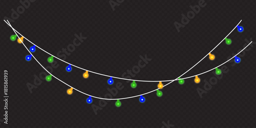 Festive string lights in blue green and yellow on a dark background