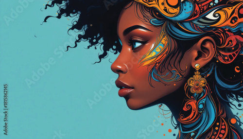 Modern Art Vector of Afro Woman with Tribal Line Patterns.
