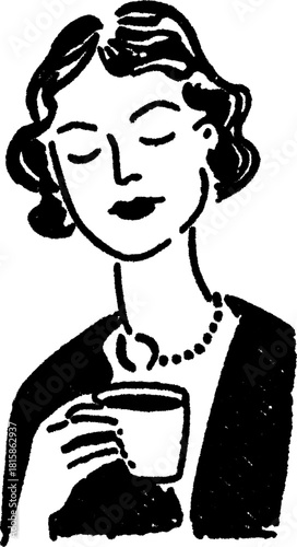 Woman holding a coffee cup in a simple black and white vector illustration. This cozy set captures elegance and a relaxed expression.