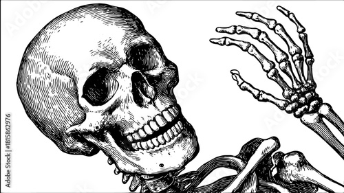 Skeleton illustration featuring skull and bones in vintage outline style. Detailed vector art for educational or artistic use.